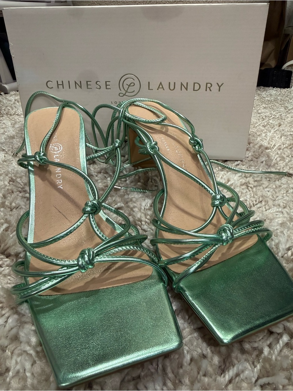 Chinese Laundry Yita Metallic Green Strappy Square-Toe Heels